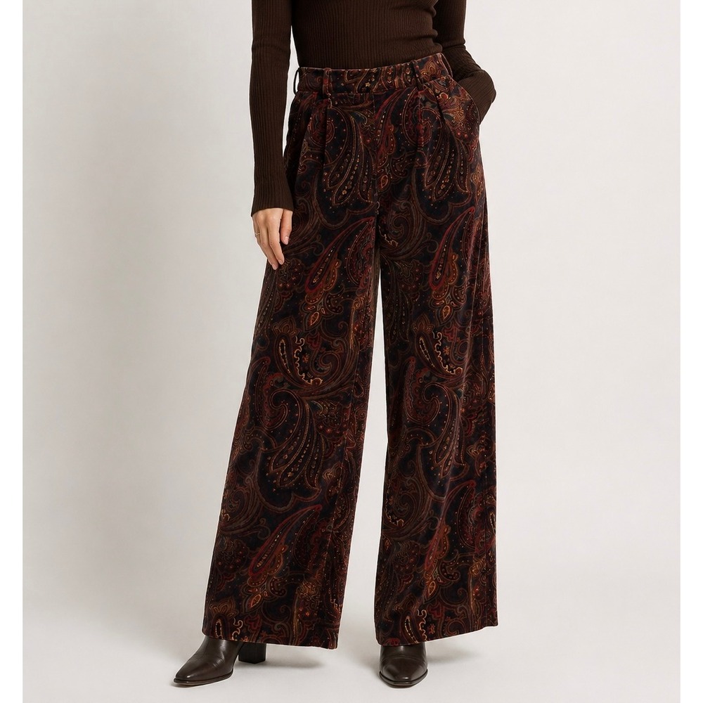 Banana Republic Veluro Paisley Velvet Wide Leg Pants Size 8 Petite Pleated Boho